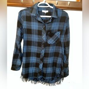 Womens BEACH LUNCH LOUNGE Blue & Black Plaid Fringe Flannel Size Small